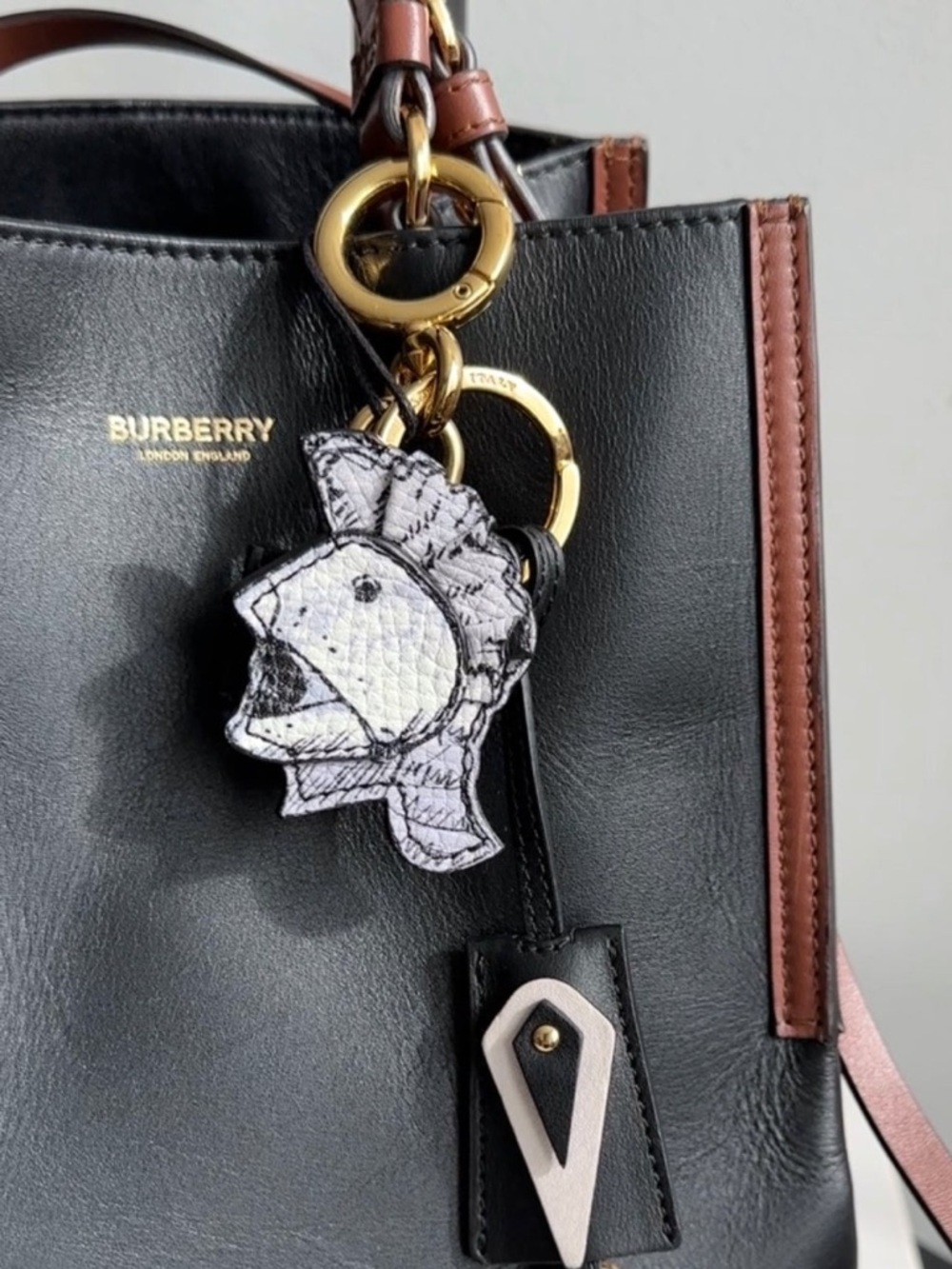 NWT Burberry Helmet Charm Black and White Keychain with Silver Hardware